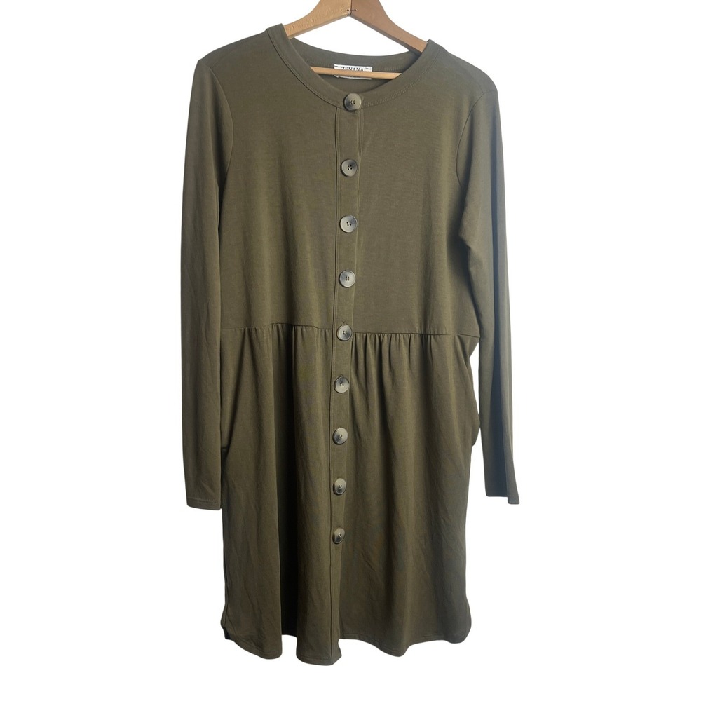 Zenana Olive Green Button Down Babydoll Dress Long Sleeve Pockets Large